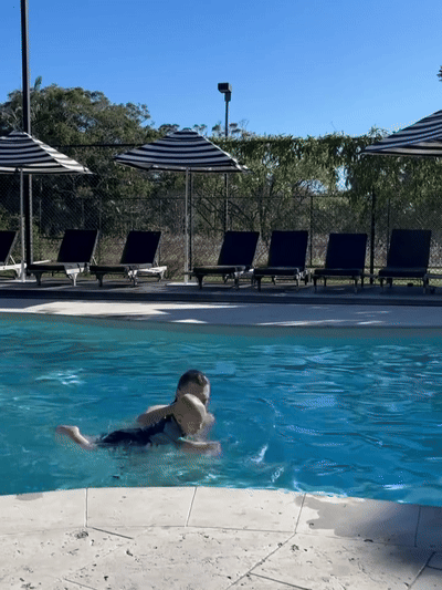 Shonee Bowtell, Matt and Vally enjoying a babymoon holiday at The Lord Byron Hotel in Byron Bay. Vally loving the heated swimming pool!